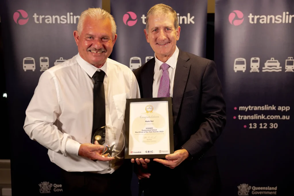 Mark Nel (left), received the award during the 2023 Translink Queensland Bus Driver of the Year Awards announced at the QBIC conference on the Gold Coast on April 6. PHOTO: Translink